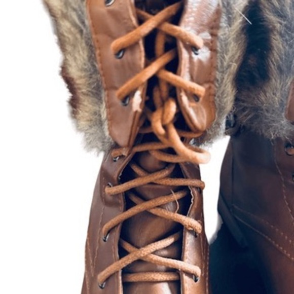 Bumper Womens Tan Faux Leather Lace Up Fur Lined Combat Boots Ankle Mid Calf - Picture 10 of 12